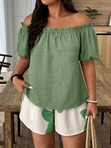 Weeklong Plus Size Women's Solid Color Off-Shoulder Short Sleeve Top And Floral Print Shorts Casual Vacation 2-Piece Set - Multicolor - View 3