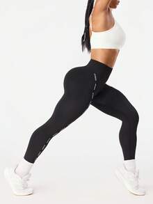 Seamluxe SHEIN Sport 黑色高腰时尚字母印花紧身裤，无缝瑜伽裤，健身跑步紧身裤 - 黑色 - 查看 6