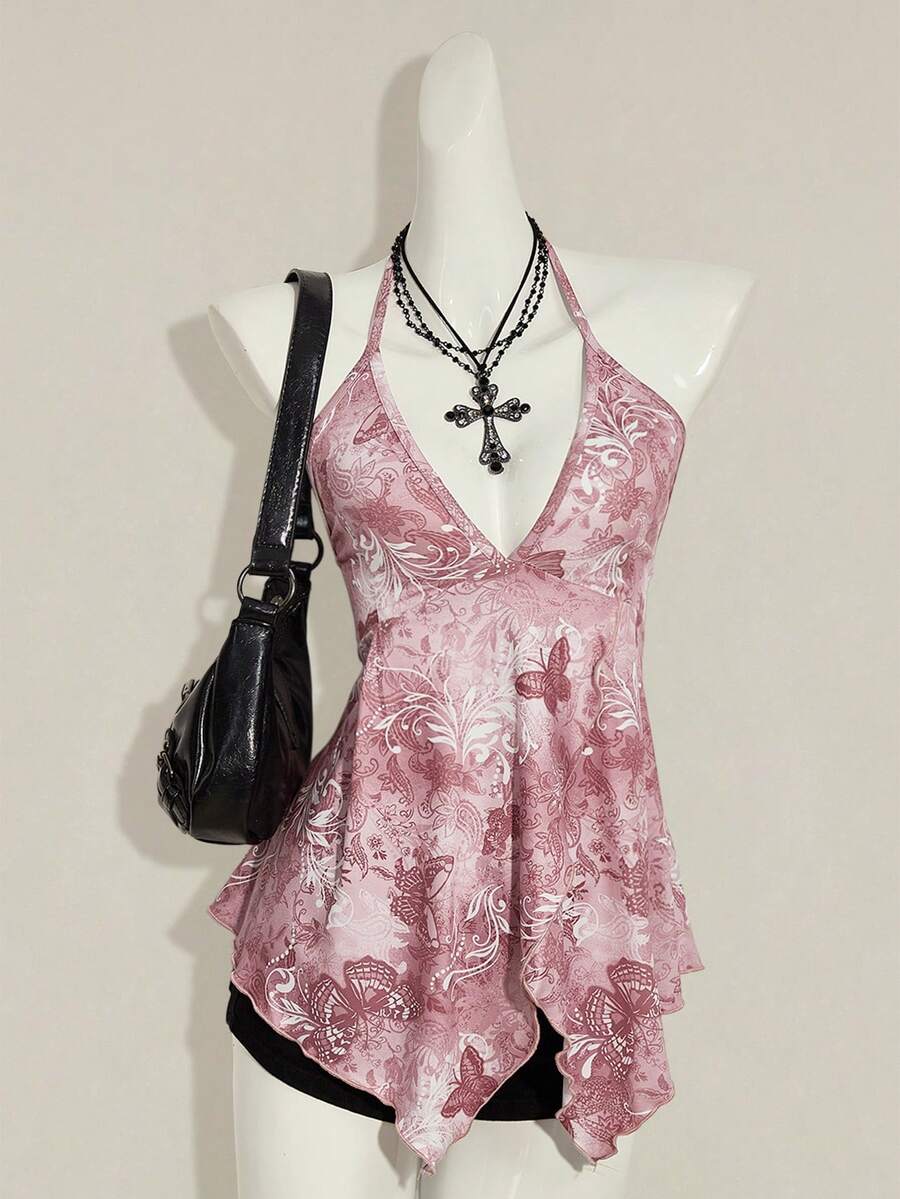 SHEIN ICON Paisley Print Backless Halter Top, Casual Vacation Wear - Dusty Pink - View 1