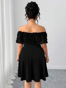 Elenzga Plus Size Women Off-Shoulder Floral Decor Elegant Waist Cinched Party Dress - Black - View 2