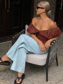 女士优雅露肩无肩带短款上衣，纯色，秋季外出上衣，夏季女装 - 紅色 - 查看 3