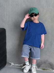 2pcs Toddler Boys' Dinosaur Embossed Denim Shorts Set - Royal Blue - View 1