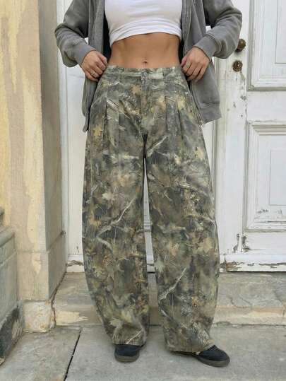 Muchica 女士印花休闲宽松裤，街头风牛仔裤，美式酷炫风格，休闲街头裤，节日裤，日常休闲裤，Y2K千禧印花裤