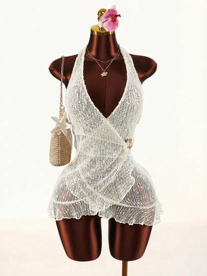 Amplova Women's Swimsuit Cover-Up, Beaded Embroidered Textured Fabric Wrap Dress, Metal Decor Suitable For Holiday Outfit