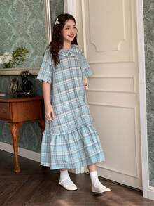 DAZY Tween Girl Plaid Print Ruffle Collar Casual Short Sleeve Dress - Blue - View 4