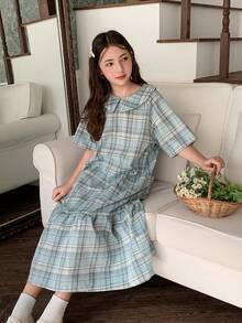DAZY Tween Girl Plaid Print Ruffle Collar Casual Short Sleeve Dress - Blue - View 5