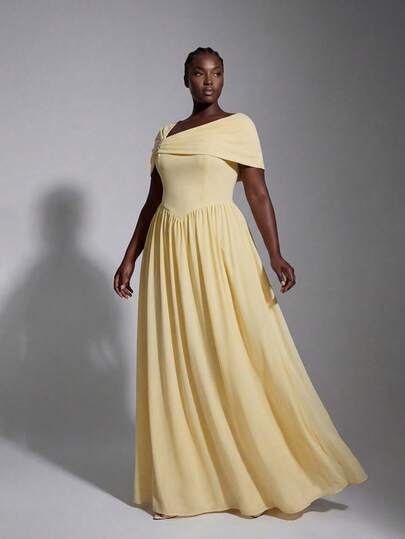 Elitara Plus Size Elegant Romantic Yellow Asymmetrical Collar Basque Waist Rhinestone Ruched A-Line Hem Dress, Suitable For Wedding, Date, Party, Vacation, Bridesmaid Butter Yellow Dresses Yellow Bridesmaid Dress Yellow Wedding Guest Dress Pale Yellow Dresses For Women