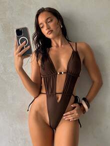 Aloruh 女士纯棕色连体泳衣，修身性感优雅泳装，复古波西米亚串珠装饰，女士度假沙滩装 - 棕色 - 查看 8