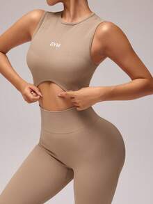 Easithlete Bộ 2 chiếc/Bộ Áo ba lỗ cổ tròn in chữ cho nữ và quần legging cạp cao, Bộ đồ thể thao tập luyện hàng ngày cho nữ Bộ quần legging cho nữ - Màu Khaki - Xem 4