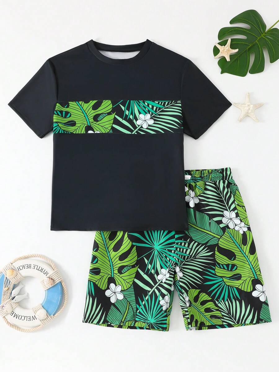 Teen Boy Summer Vacation Beach Plant Print Round Neck Short Sleeve T-Shirt And Swim Trunks Set - Black - View 1