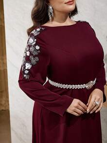 Modelyn Plus Size Pearl Decor Elegant Long Sleeve Dress Fall - Burgundy - View 2