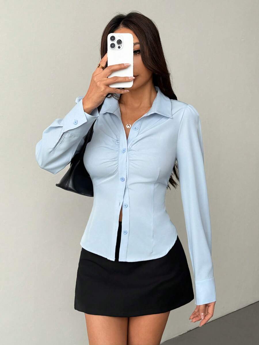 SHEIN PETITE Áo sơ mi nữ tay dài cài cúc, kiểu dáng trơn, xếp ly, thanh lịch, thích hợp cho công sở, giáo viên, đi học, mùa thu. - Màu xanh lam - Xem 1