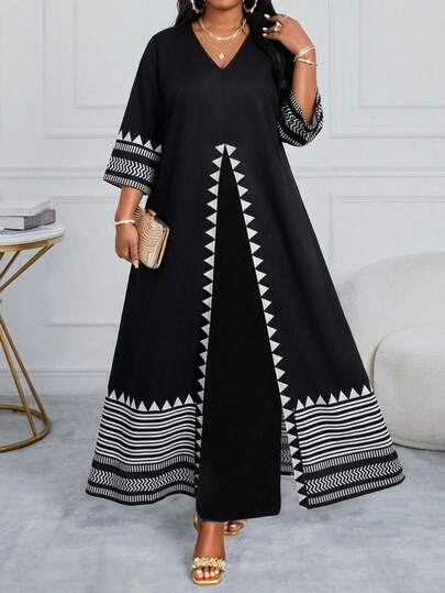 SHEIN Lady Plus Size Geometric Print V-Neck Slit Top And Pants Elegant 2 Pieces Set