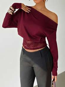 Siren Gaze 女士蕾丝拼接斜肩长袖T恤，秋冬新品 - 酒紅色 - 查看 7