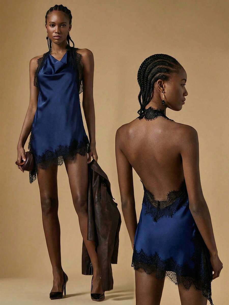 Briarwyn Blouse d'été sexy pour femmes avec contraste de dentelle, ourlet asymétrique, col ras-du-cou et dos nu - Bleu marine - Voir 1