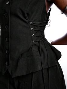 LYSMO Chaqueta de vestir casual versátil de mujer talla grande con cuello en V, abotonadura sencilla y diseño de ojales con lazo - Negro - Ver 3