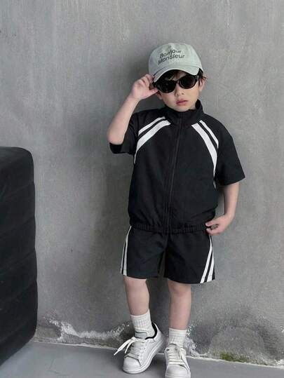 2pcs Kids Boys Casual Korean Style Letter Print Lapel Short Sleeve Top And Loose Shorts Set, Suitable For School, Garden, Beach, Birthday, Spring/Summer/Autumn/Winter