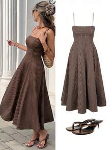 SHEIN Frenchy 女士休闲条纹吊带中长连衣裙 - 棕色 - 查看 8