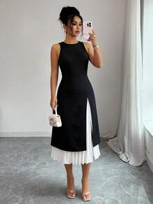 SHEIN Raffinéa Vestido Feminino com Contraste de Cores Preto e Branco, Sem Mangas, Cintura Marcada e Bainha Assimétrica - Preto - Visão 4