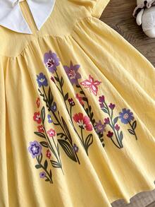 SHEIN LMoss Kids Young Girls French Elegant Floral Print Color Block Collar Petal Sleeve Dress, Young Girls - Multicolor - View 6