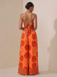 Zivah 2025夏季新款音乐节复活节母亲节婚礼季参加婚礼生日派对日常休闲度假邮轮旅行海滩日光浴爆款优雅通勤商务休闲女式露背吊带上衣和直筒裤带口袋花卉图案绿色两件套 - 橘色 - 查看 2