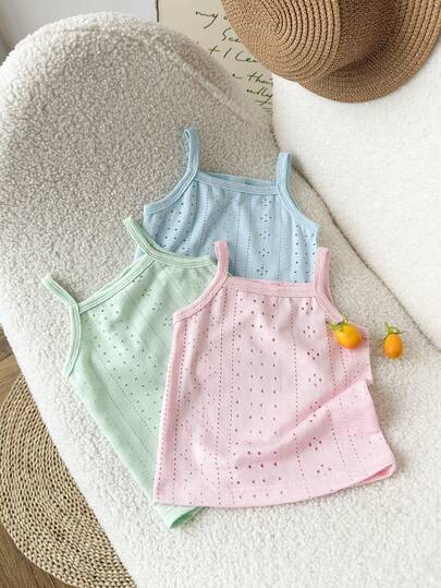 SHEIN 3pcs Baby Girls Jacquard Fabric Camisole Vest. Sleeveless, Refreshing To Wear Outerwear, Cute And Fashionable, Macaron Pastel Color Series, Sweet And Flattering. Soft And Comfortable Fabric, Cute Casual Style Suitable For Spring/Summer Outings, Outdoor Play, Vacation, Daily Wear, And Travel