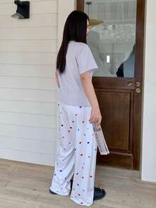 Dazy Plus 2pcs Sleepwear Set, Solid Color Fitted Knit Top & Heart Print Pajama Pants, Spring/Summer Plus Size Women - Dusty Purple - View 8