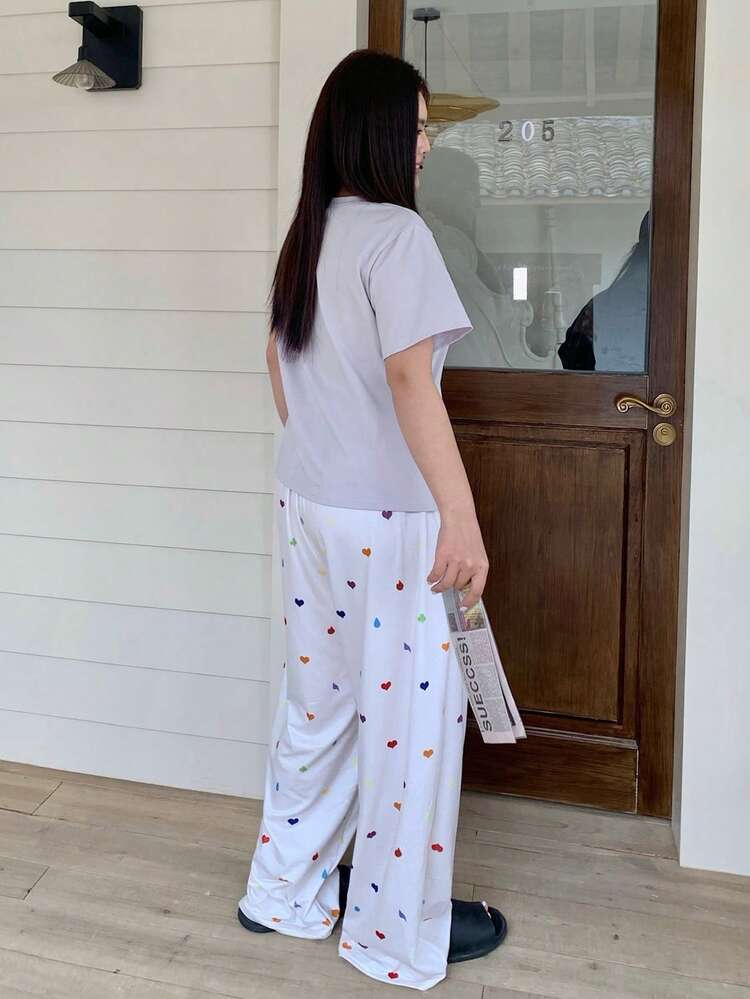 Dazy Plus 2pcs Sleepwear Set, Solid Color Fitted Knit Top & Heart Print Pajama Pants, Spring/Summer Plus Size Women