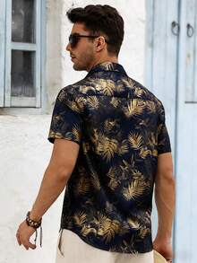 Manfinity RSRT Men's Summer Beach Vacation Tropical Print Short Sleeve Shirt - Navy Blue - View 2
