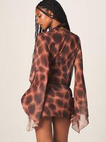 MISSGUIDED Sheer Mesh Leopard Print Long Sleeve Cowl Neck Mini Dress With Flowing Drape Design - Coffee Brown - View 3