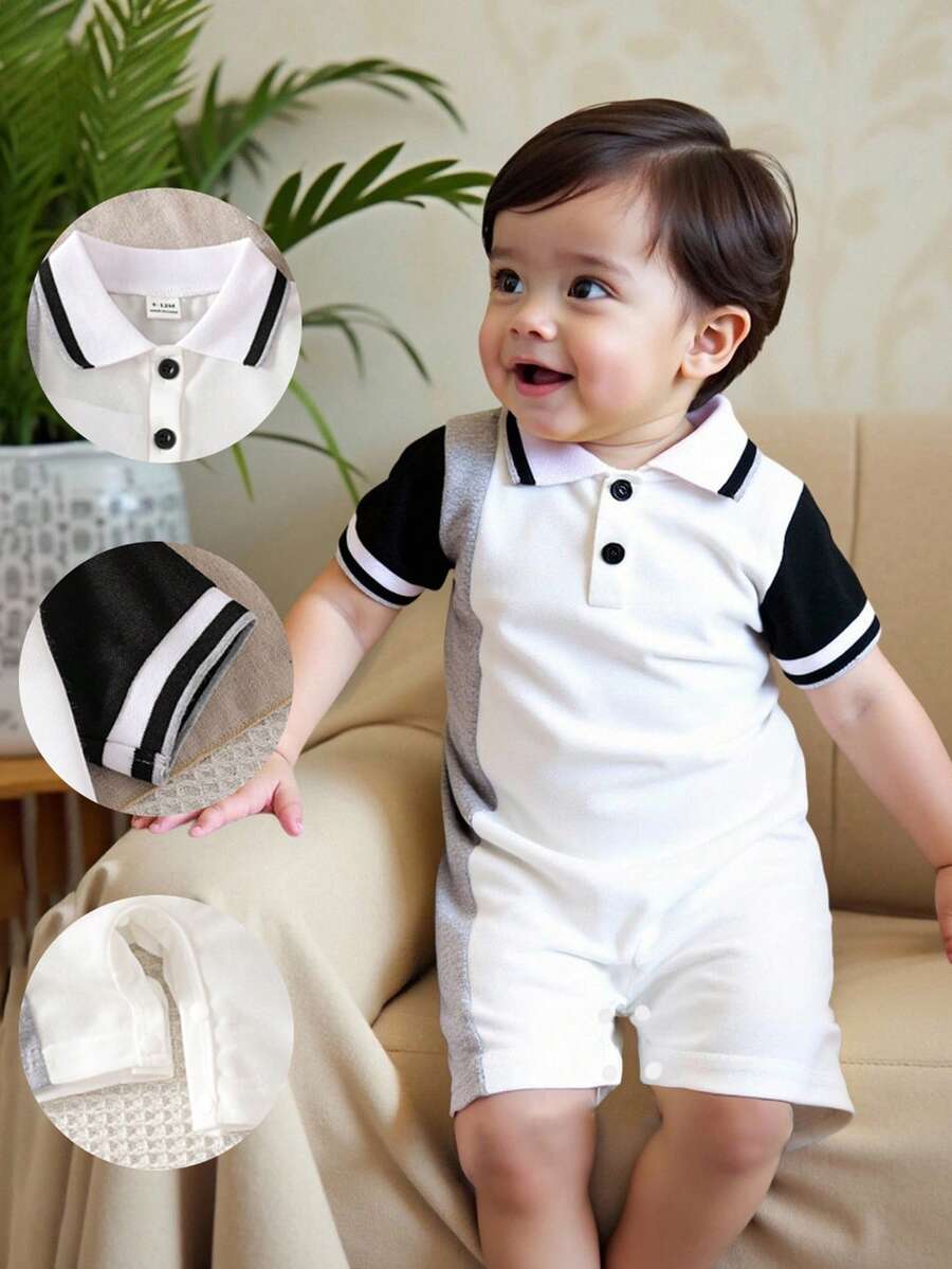 SHEIN 幼儿男童休闲撞色 Polo 领短袖连体衣,适合春夏外出和日常穿着 - 白色 - 查看 1