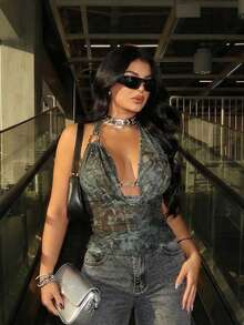 SHEIN SXY 女士性感豹纹金属扣露背吊带上衣，夏季 - 彩色 - 查看 3