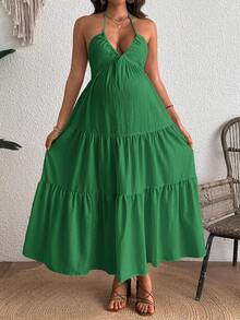SHEIN Vestido casual de maternidad con cuello halter, espalda descubierta y dobladillo con volantes - Verde - Ver 3