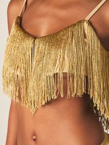 MISSGUIDED Metallic Gold Fringe Crop Top With Asymmetric Hem And Spaghetti Straps For Party Festival Concert Club Summer - Yellow - View 4
