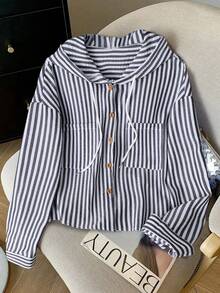 Resyla Camisa con capucha holgada con cordón de rayas azules y blancas para mujer, nueva para primavera/otoño - Blanco y Negro - Ver 1