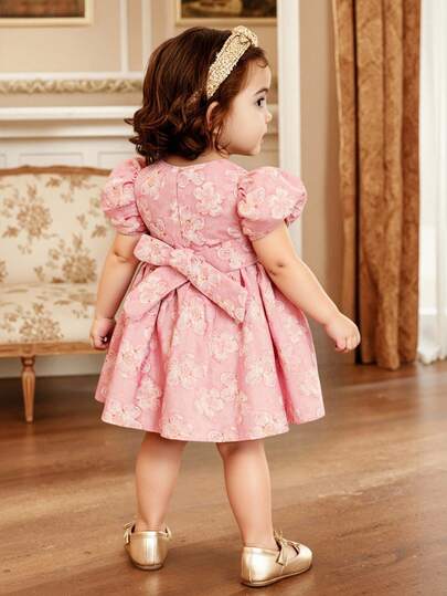 Glamorique Kids Infant & Baby GirlPrincess Dress, Blue Floral Organza Jacquard Fabric, Elegant Formal Party Gown, Suitable For Middle East, Europe, America, Luxury Stage Performance