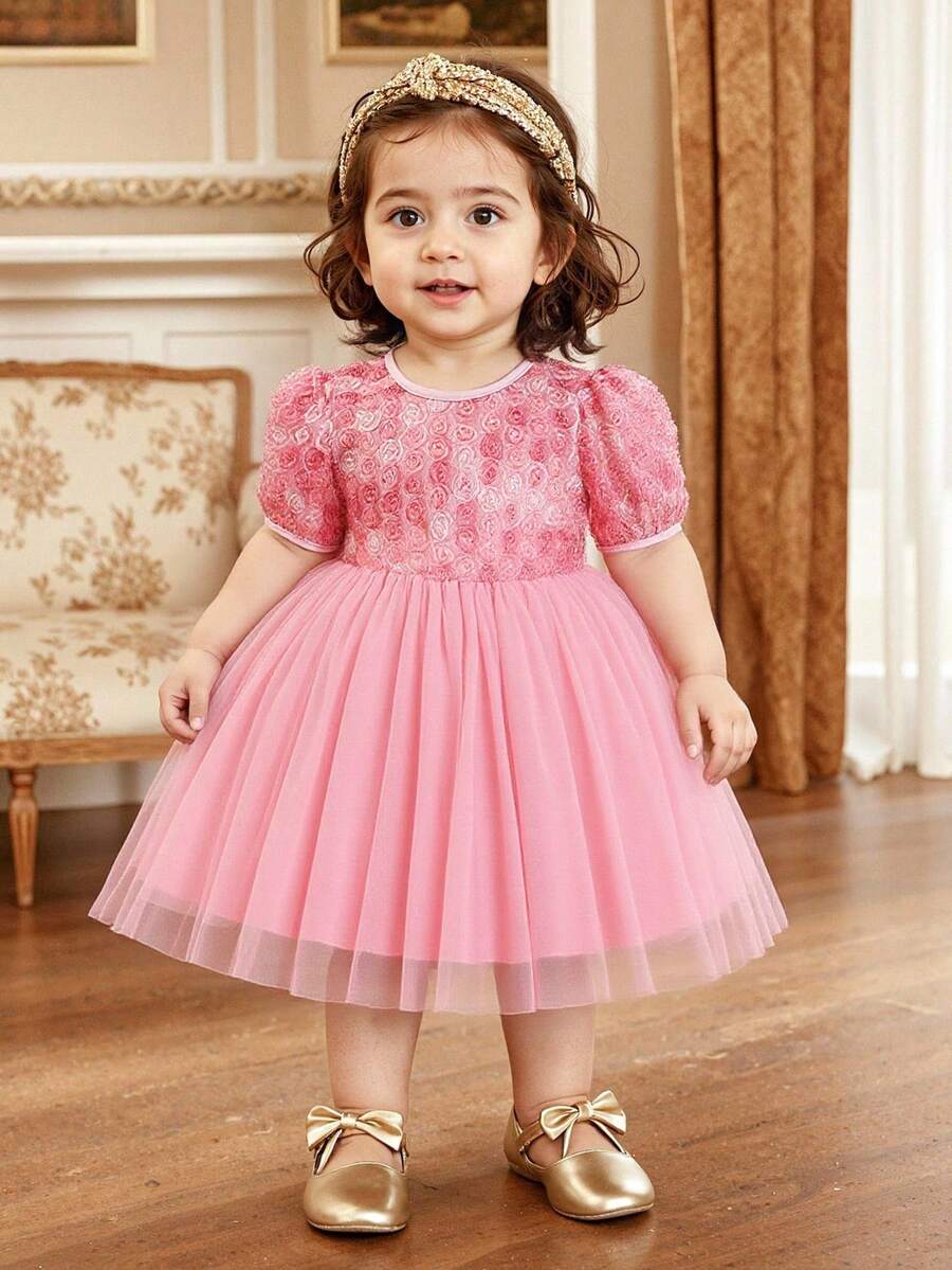 Glamorique Kids Robe de demoiselle d'honneur fleurie pour bébé fille, mariage, fille d'honneur, élégante, rose 3D, anniversaire, convient pour les occasions formelles - Rose bonbon - Voir 1