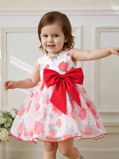 Glamorique Kids Baby Girl Floral Print Bow Decor Sleeveless Round Neck Dress
