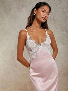 COSMINA Đầm dài thanh lịch cổ chữ V phối ren dành cho nữ - Màu Hồng baby - Xem 7