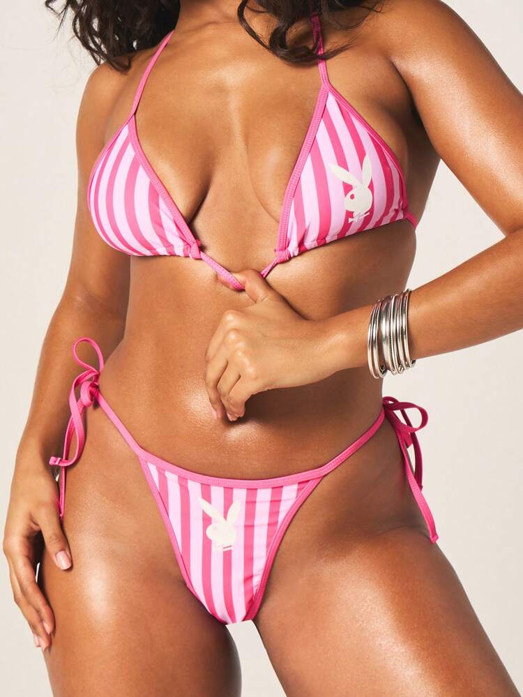 Missguided x Playboy Striped Halter Triangle Bikini Set With Bunny Logo Print And Tie Side Bottoms For Beach Vacation Summer Swimwear
