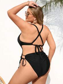 SHEIN CURVE+ 大码女士纯黑色连体泳衣，侧腰镂空系带设计，适合海滩和度假村穿着 - 黑色 - 查看 2