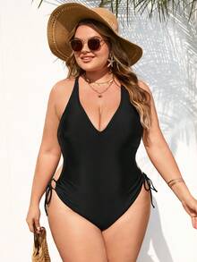 SHEIN CURVE+ 大码女士纯黑色连体泳衣，侧腰镂空系带设计，适合海滩和度假村穿着 - 黑色 - 查看 6