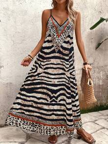 EMERY ROSE Women's Leopard Print Loose Maxi Slip Dress, Elegant For Daily Wear And Vacation, Summer - Multicolor - View 5