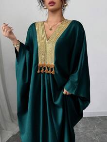 Elenzga Middle Eastern Style Loose Fit Linen Dress With Gold Collar - Dark Green - View 6