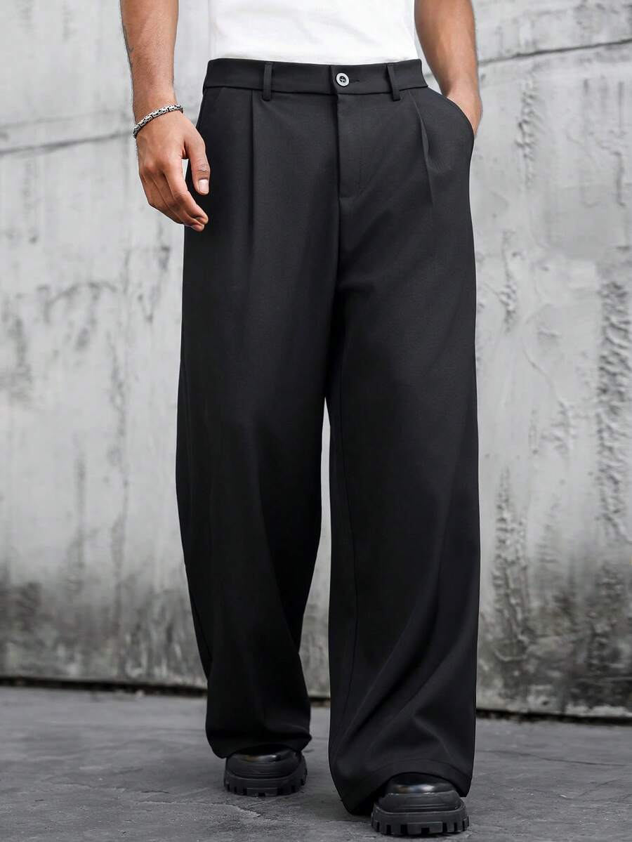 Manfinity Mode Men's Black Suit Pants, Loose Casual Versatile Fashion Suit Trousers - Black - View 1