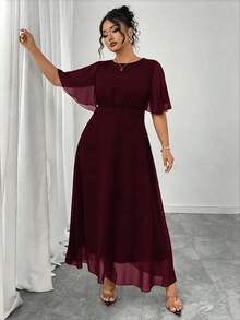 Modelyn Plus Size Women Elegant Round Neck Ruffle Flare Sleeve Fitted Flowy Maxi Chiffon Dress, Spring/Summer - Burgundy - View 6