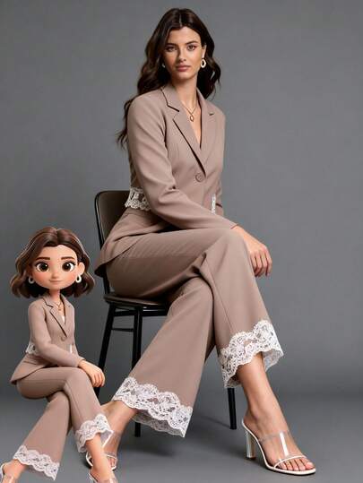 Elegante conjunto de blazer y pantalón largo con solapa y manga larga para mujer con detalles de encaje en contraste y cierre de botones.