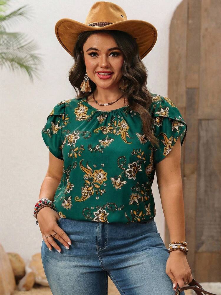 Plus Size Women's Floral Print Petal Sleeve Shirt, Country Vacation Outfits Woman,Summer Outfits For Women Summer Tops Summer Outfits Summer Clothes  Spring  Spring Outfit Women Spring Clothes Country Style For Women Vacation Outfits Women  Floral Tops