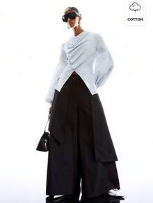 LYSMO 女士褶裥肩部灯笼袖前扣时尚衬衫 - 彩色 - 查看 1