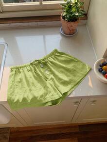 Comfortcana 女士绿色系带纹理宽松休闲短裤 - 綠色 - 查看 4